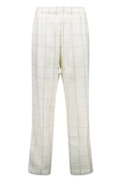 Calça comprida de flanela branca com estampa xadrez