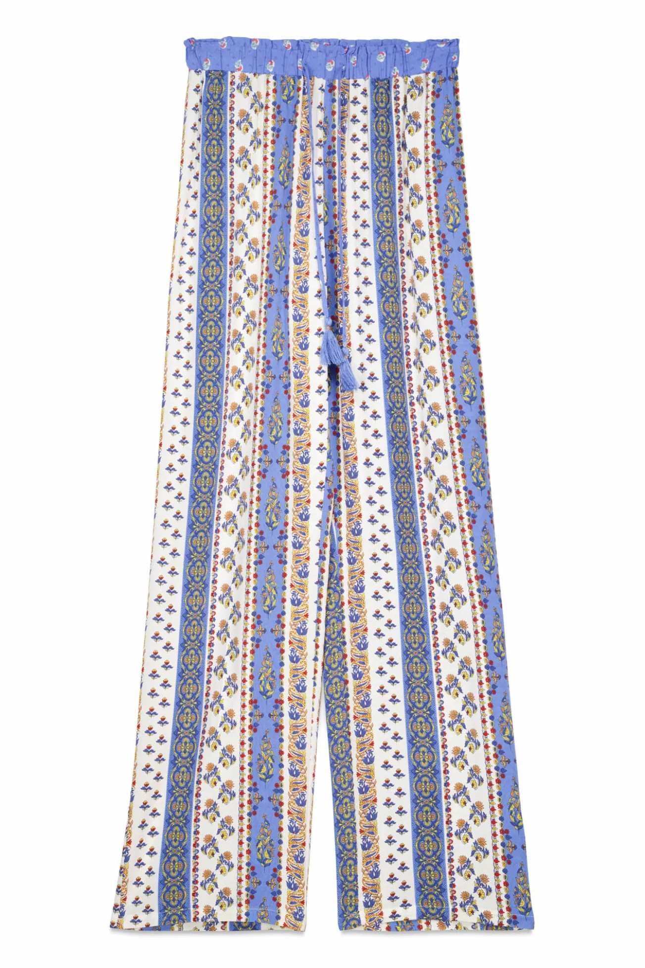 Calça comprida de viscose com bordas multicoloridas