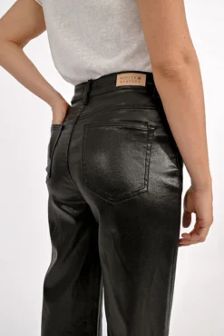 Calça comprida feminina, tecido brilhante.