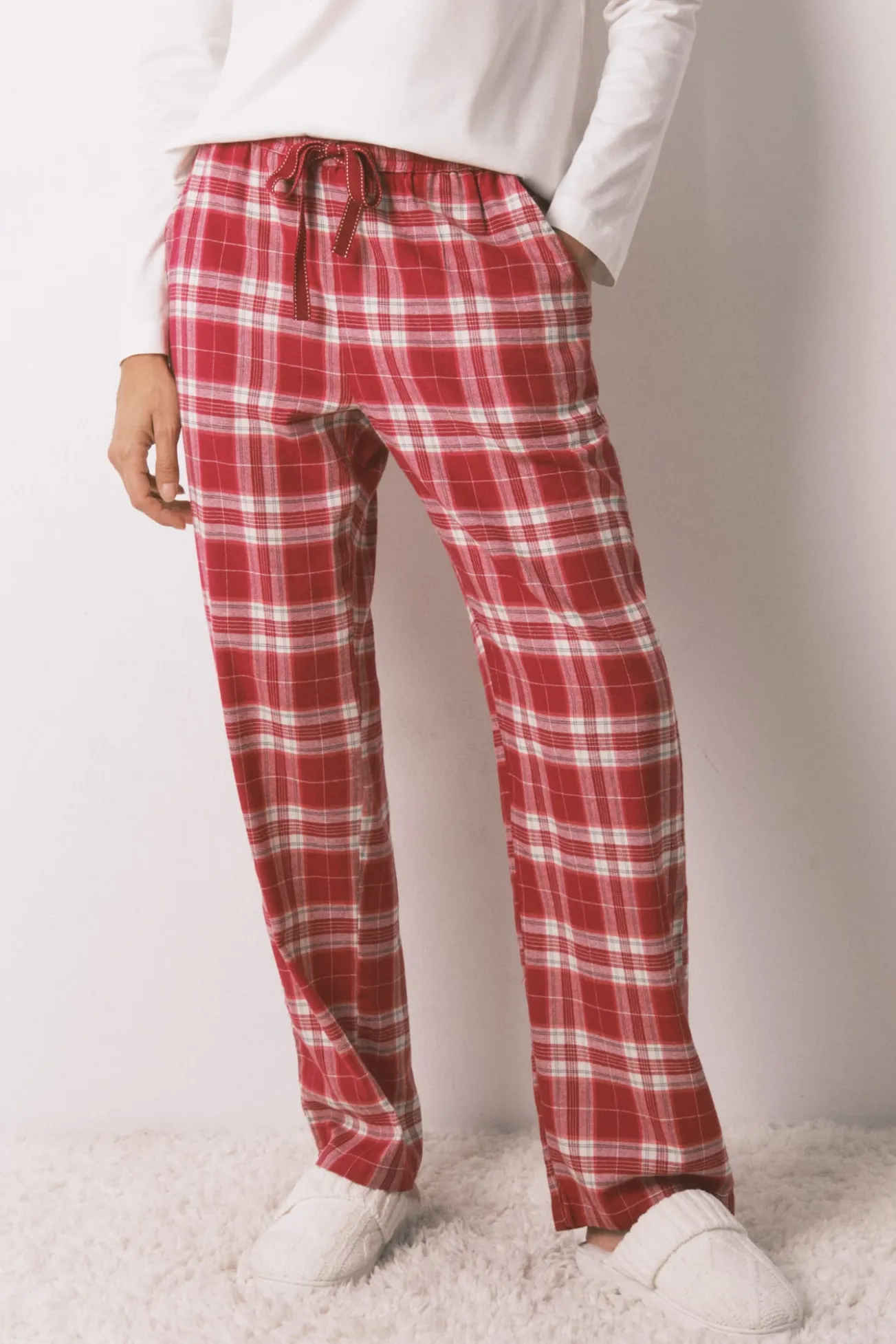 Calças compridas de estampado xadrez vermelho