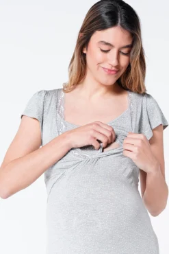 Camisa de dormir amamentação de manga curta com bolinhas