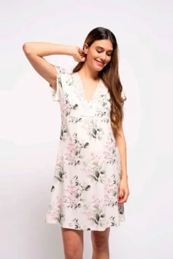 Camisa de dormir de amamentação, de manga curta às flores