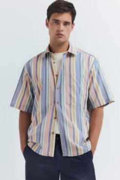 Camisa de manga manga curta riscas tencel