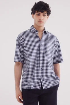 Camisa xadrez de manga manga curta seersucker