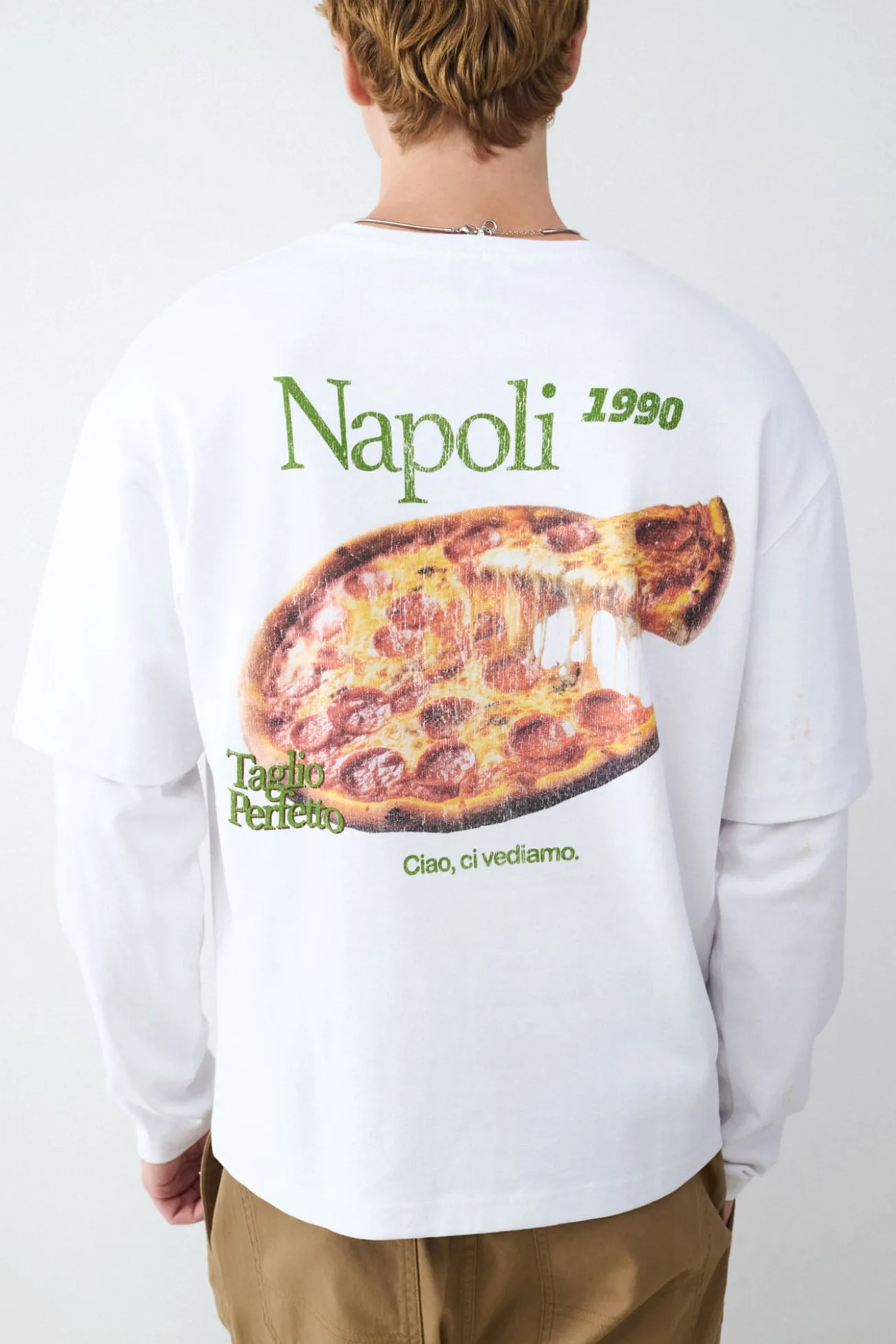 Camiseta estampado de pizza de manga dupla