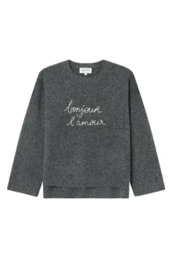 Camisola oversized de manga comprida com mensagem bordada