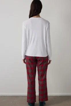 Conjunto de pijama confortável com estampado xadrez e gola redonda e manga comprida
