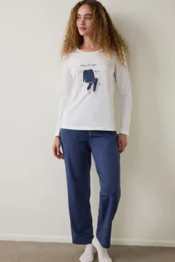 Conjunto de pijama de algodão com gola redonda e manga comprida Gola redonda