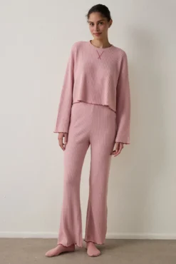 Conjunto de pijama térmico de manga comprida com gola canoa e efeito waffle Toz