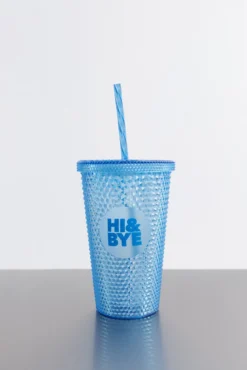 Copo plástico azul médio com canudo integrado