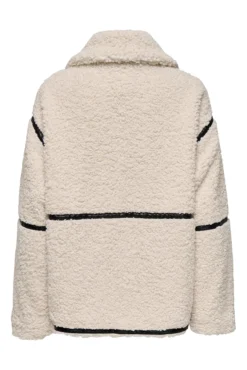 Jaqueta teddy bege para pré-mamã com detalhe de fitas preta