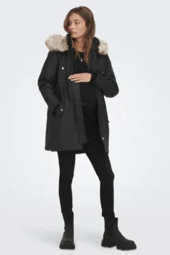 Parka de inverno para pré-mamã com capuz e detalhe de pele