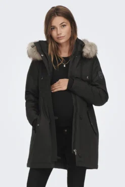 Parka de inverno para pré-mamã com capuz e detalhe de pele