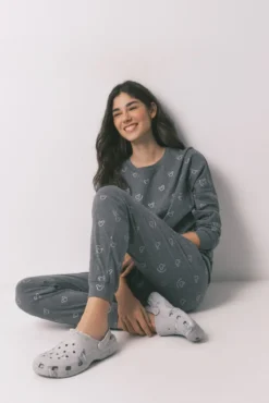 Pijama comprido 100% algodão cinzento logo Mickey