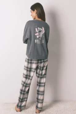 Pijama comprido 100% algodão cinzento xadrez Stitch