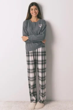 Pijama comprido 100% algodão cinzento xadrez Stitch