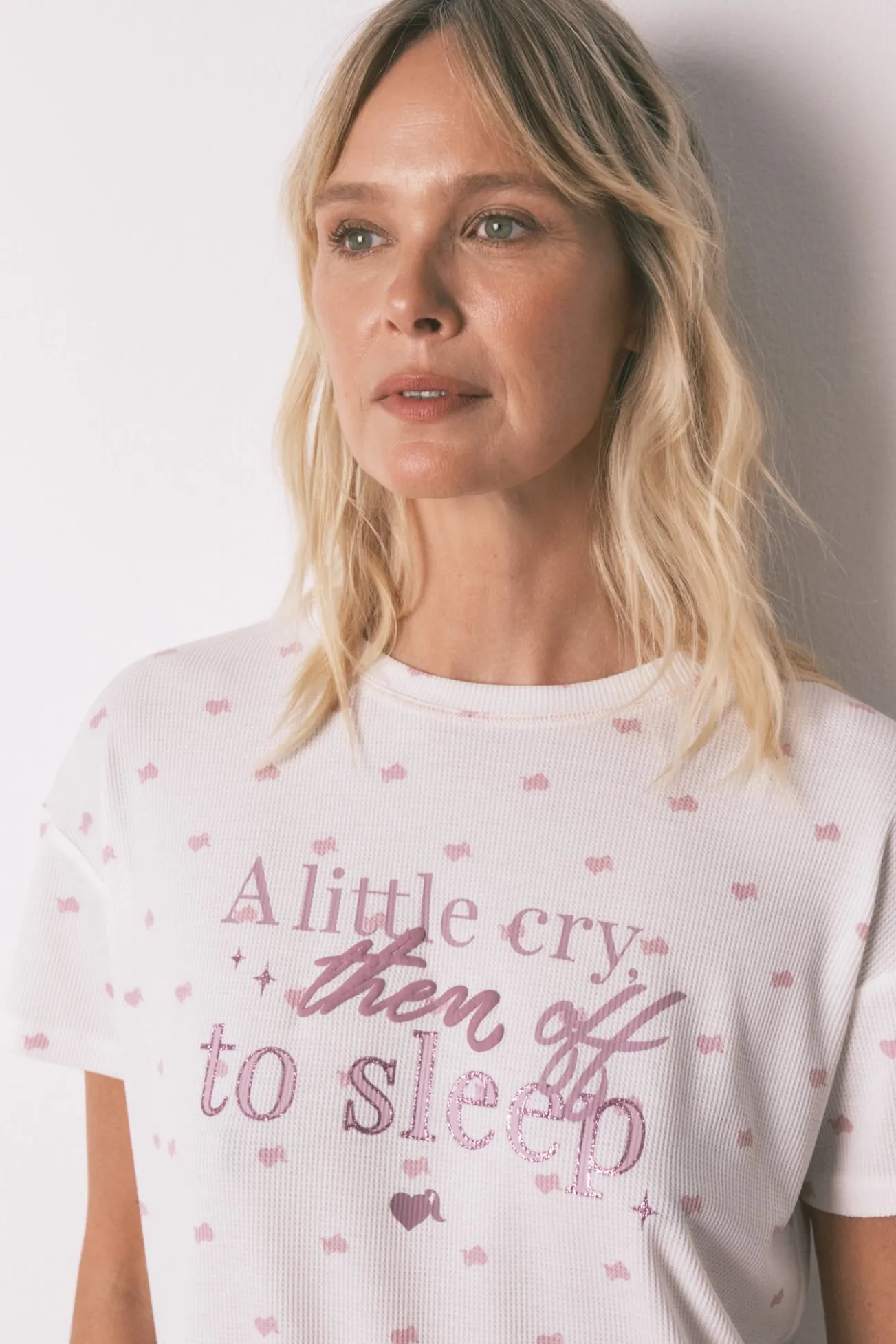 Pijama comprido com T-shirt curta em tecido waffle