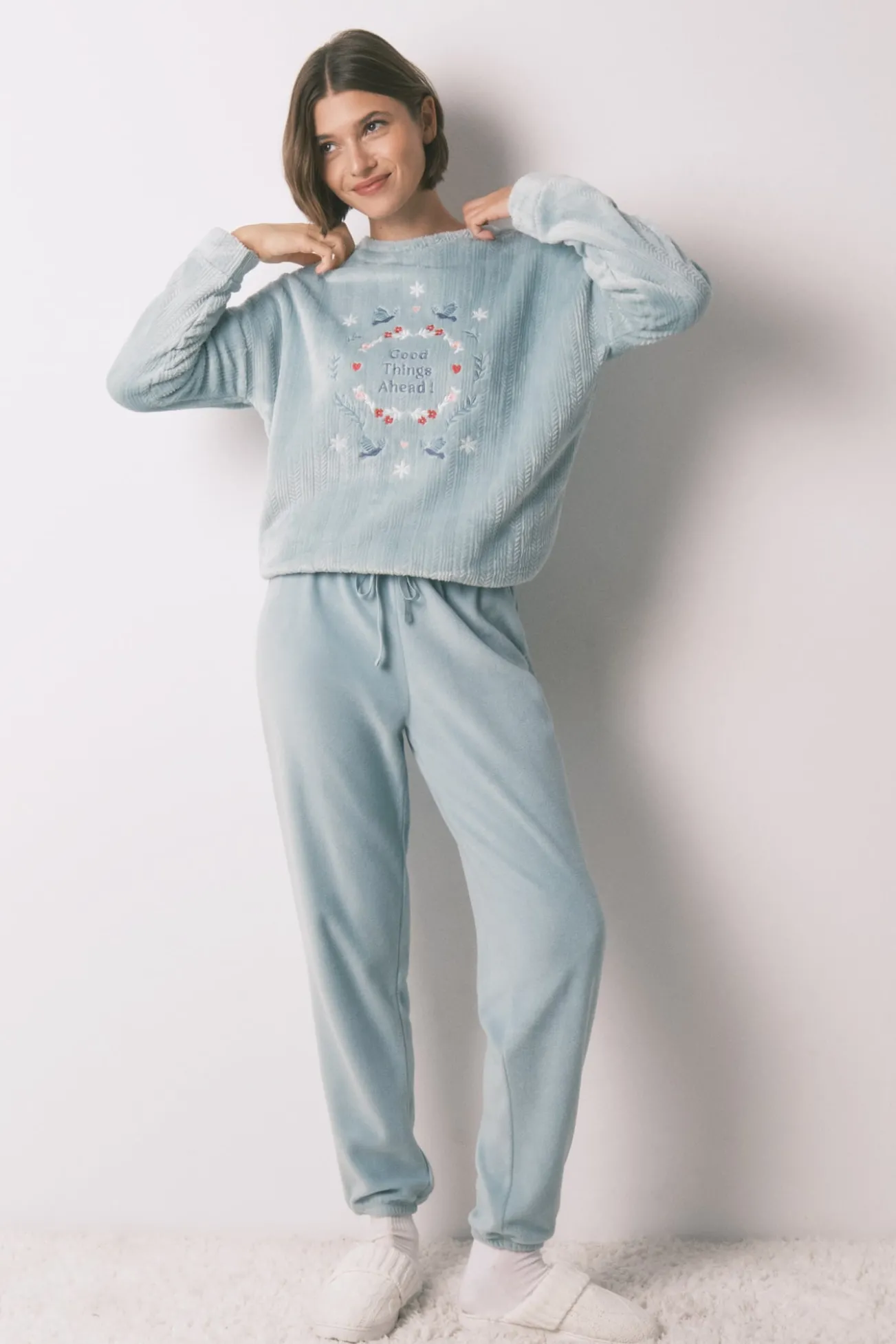 Pijama comprido em polar texturizado azul
