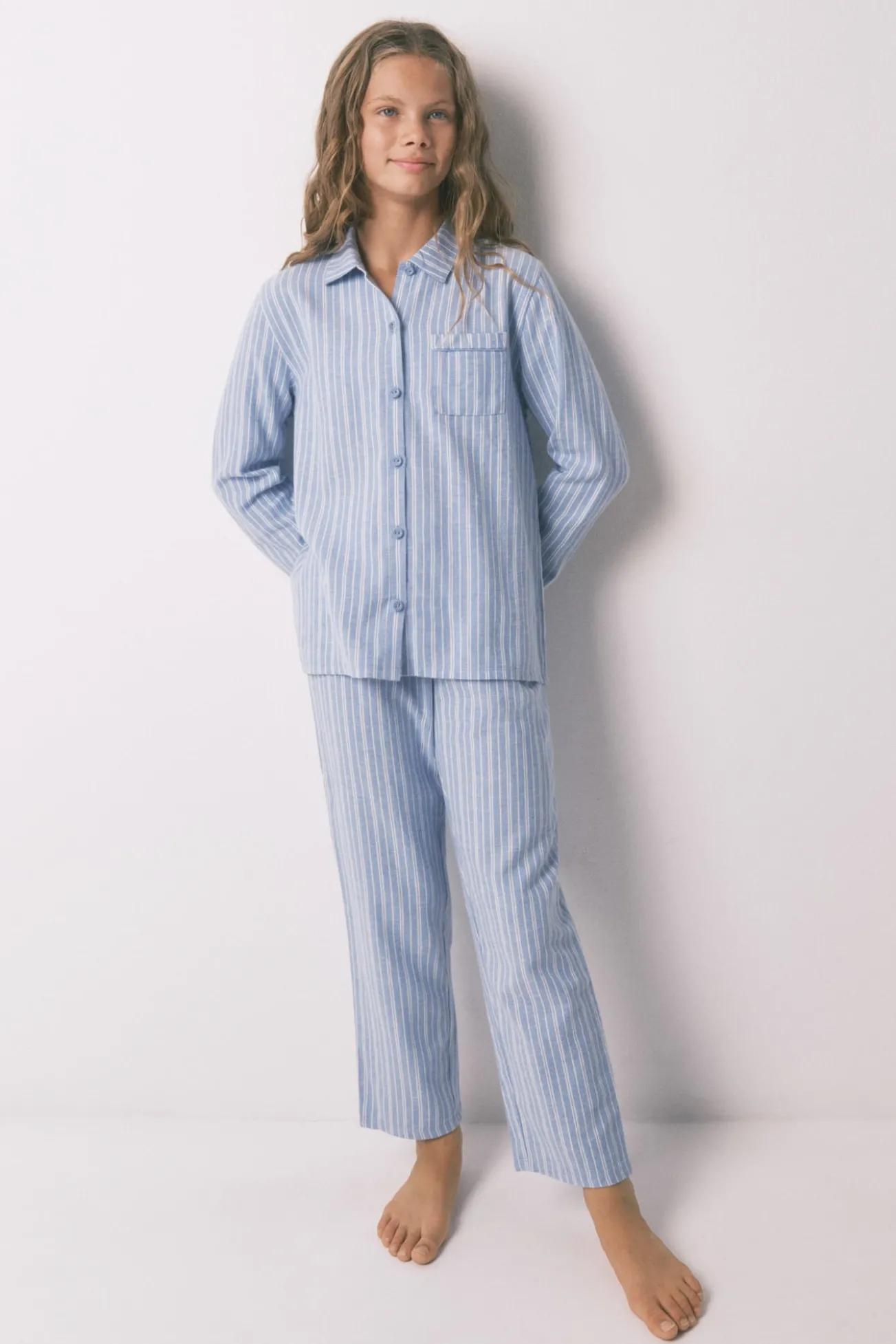 Pijama infantil camisa às riscas, 100% algodão