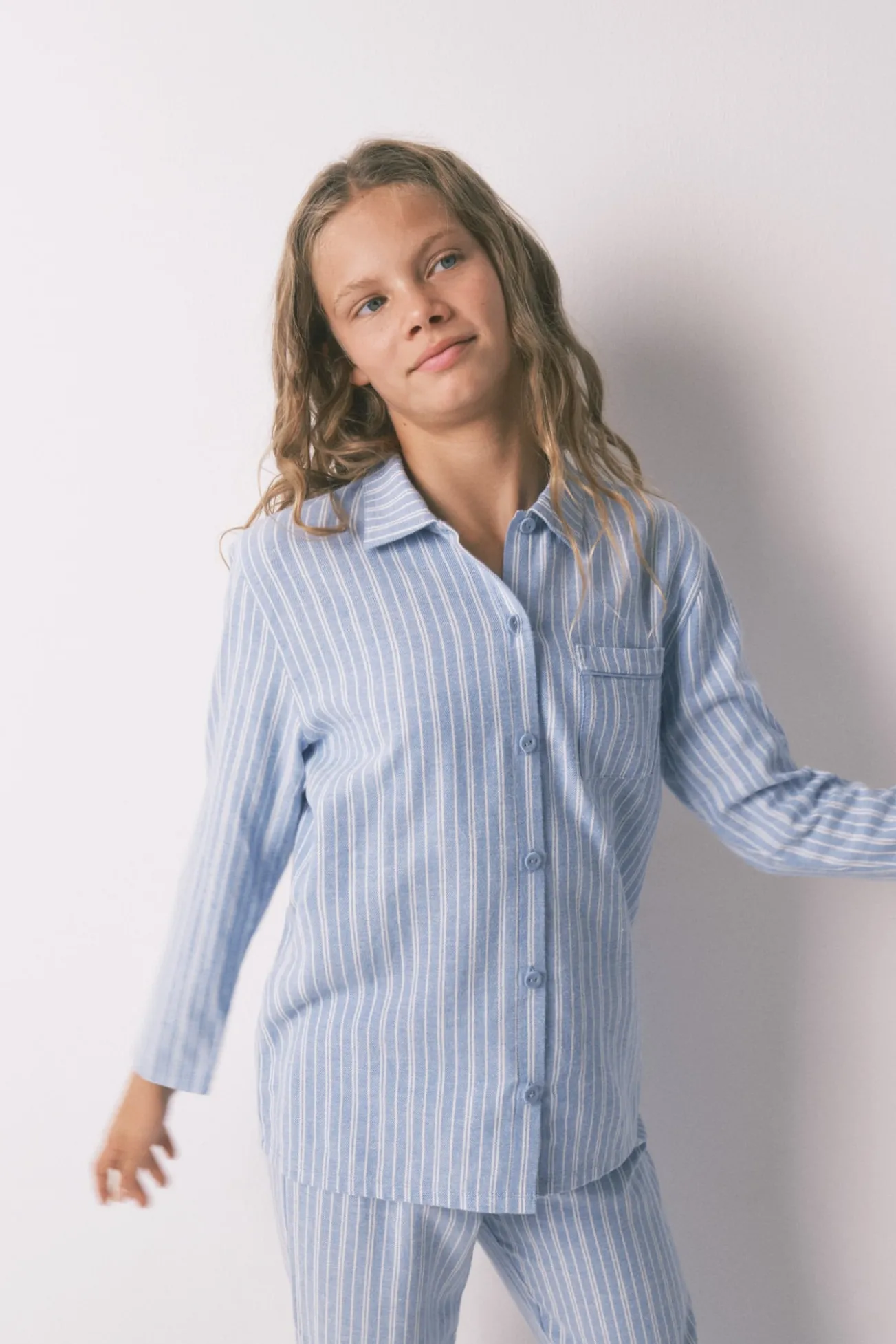 Pijama infantil camisa às riscas, 100% algodão