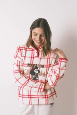Pijama longo de lã xadrez branco Mafalda