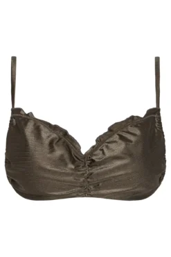 Top biquíni bandeau cor metalizada e decote franzido.