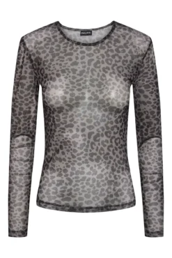 Top tule de manga comprida e print em leopardo