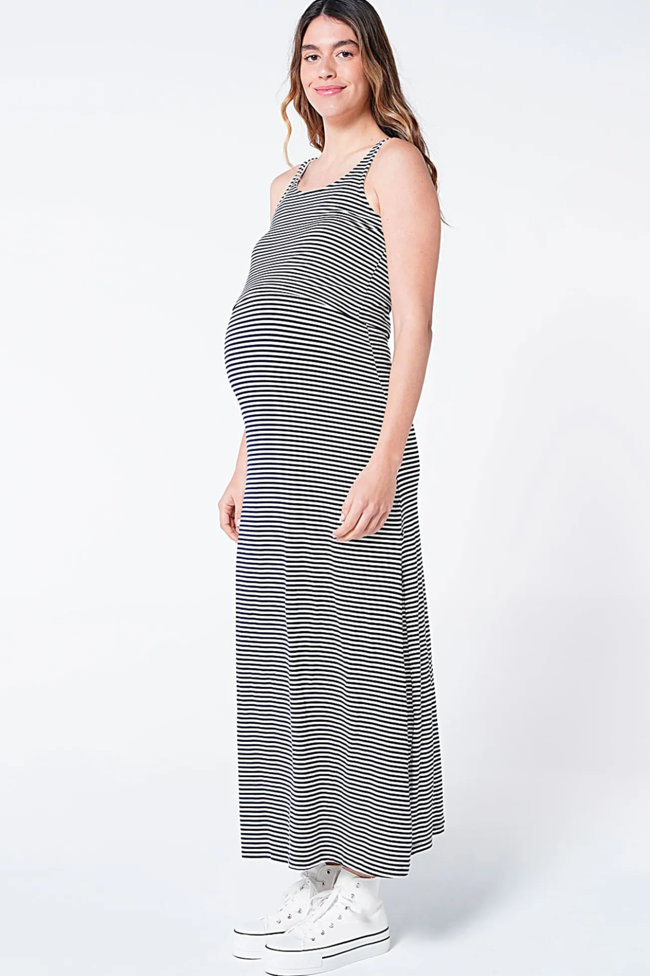Vestido comprido maternity amamentação riscas