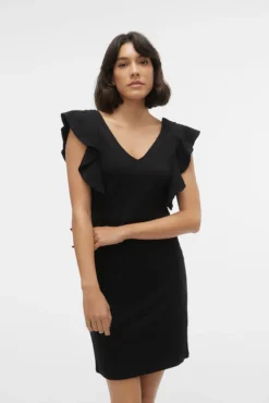 Vestido curto, decote em bico e corte na cintura