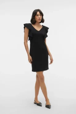 Vestido curto, decote em bico e corte na cintura