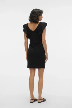 Vestido curto, decote em bico e corte na cintura