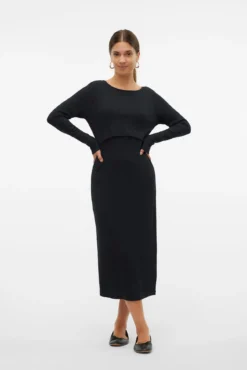 Vestido midi de manga comprida para maternity e amamentação