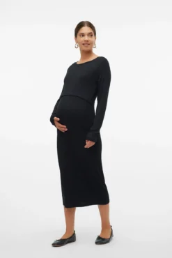 Vestido midi de manga comprida para maternity e amamentação