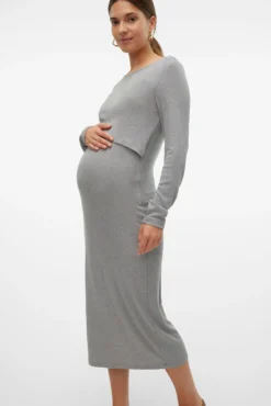 Vestido midi de manga comprida para maternity e amamentação